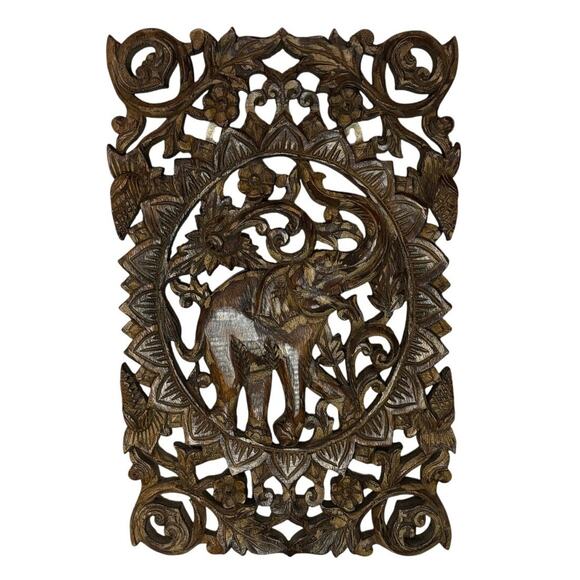 Hand-Carved Wooden Elephant Wall Art – Made in Thailand, 12x18 Boho Decor - Picture 1 of 11